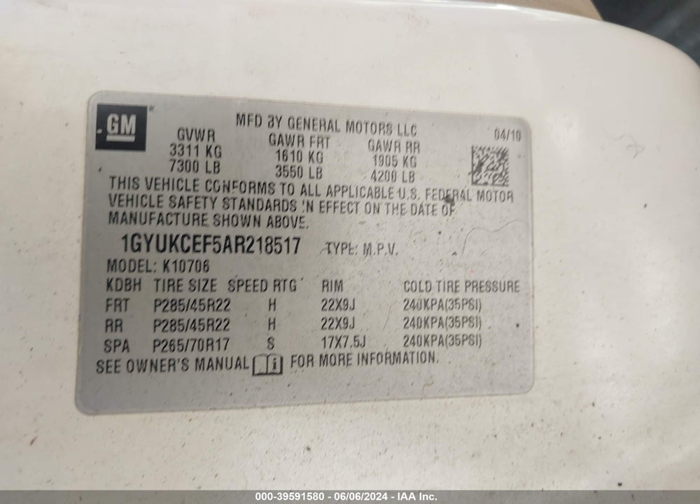 2010 CADILLAC ESCALADE PREMIUM VIN: 1GYUKCEF5AR218517