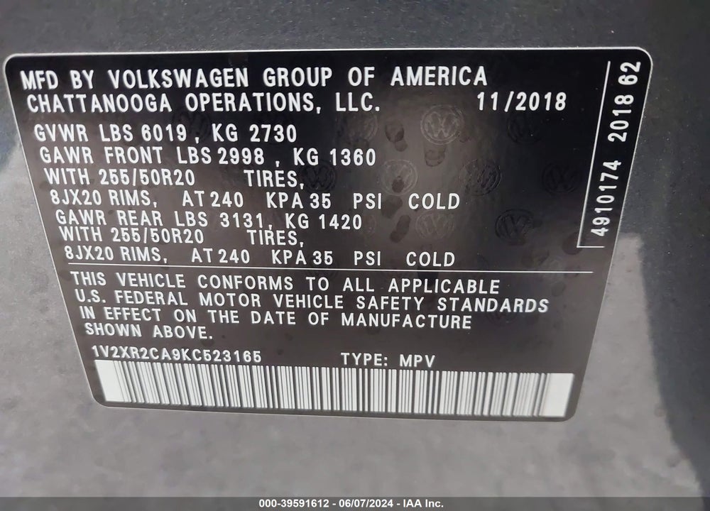 2019 VOLKSWAGEN ATLAS 3.6L V6 SE W/TECHNOLOGY R-LINE VIN: 1V2XR2CA9KC523165