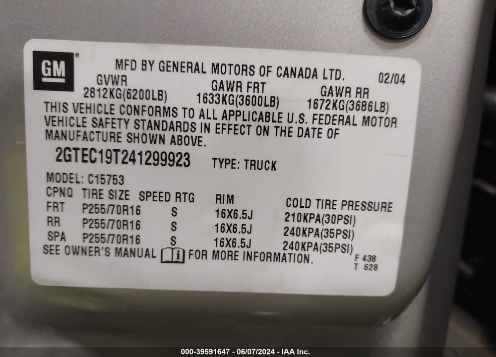 2004 GMC SIERRA 1500 SLE VIN: 2GTEC19T241299923
