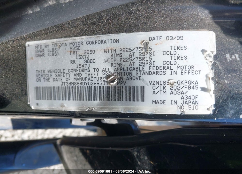 2000 TOYOTA 4RUNNER SR5 V6 VIN: JT3HN86R0Y0269303