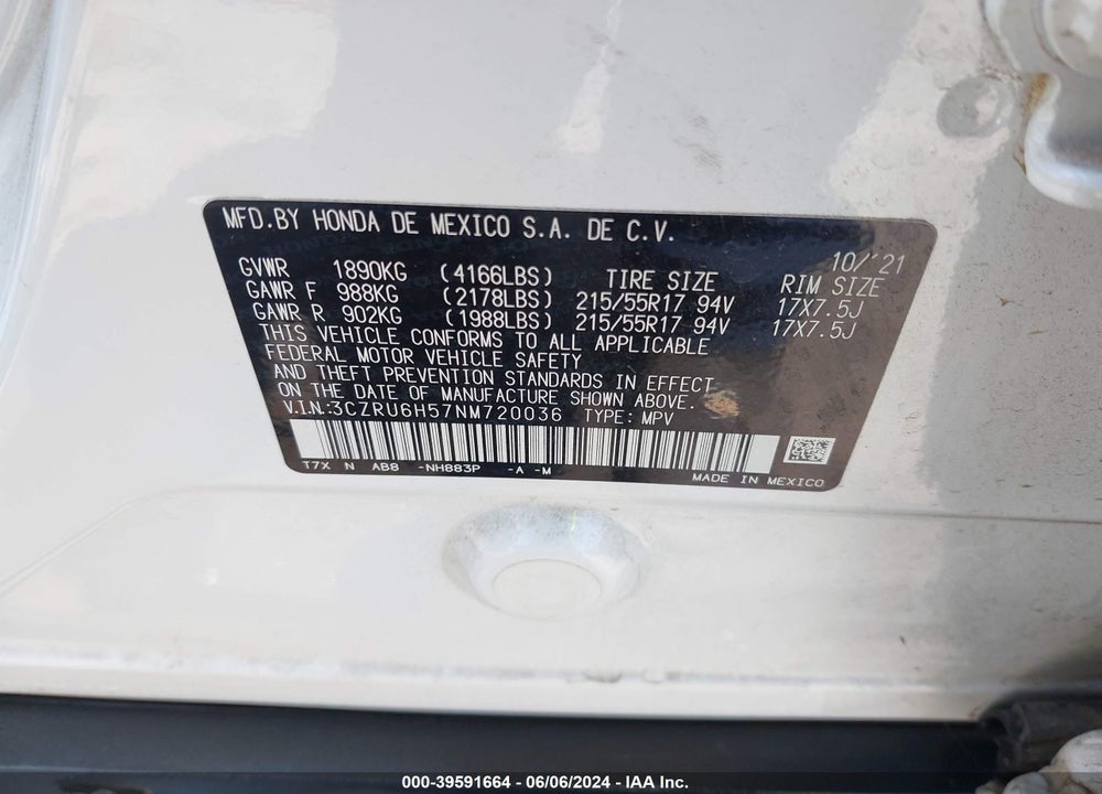 2022 HONDA HR-V AWD EX VIN: 3CZRU6H57NM720036