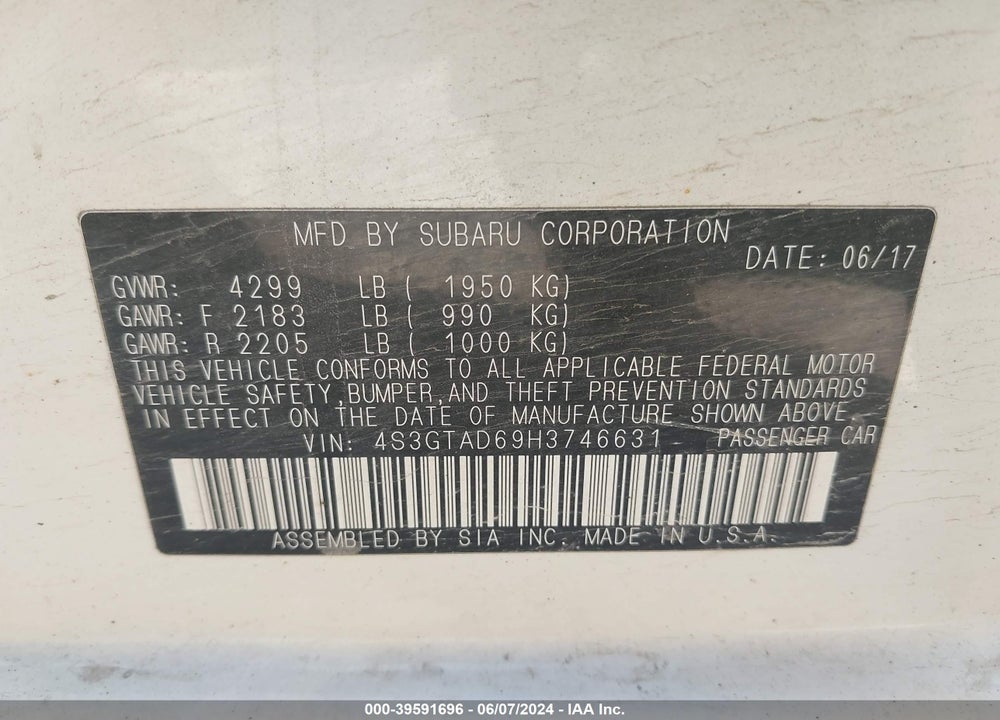 2017 SUBARU IMPREZA 2.0I PREMIUM VIN: 4S3GTAD69H3746631