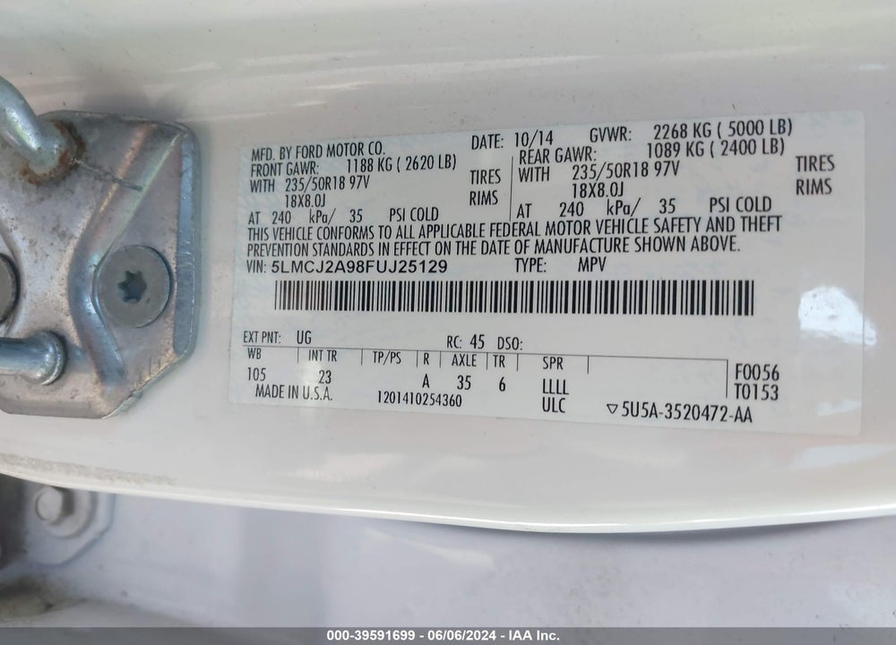 2015 LINCOLN MKC VIN: 5LMCJ2A98FUJ25129