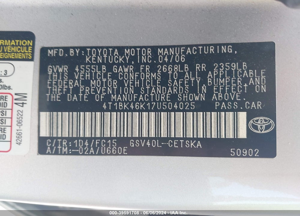 2007 TOYOTA CAMRY SE V6 VIN: 4T1BK46K17U504025