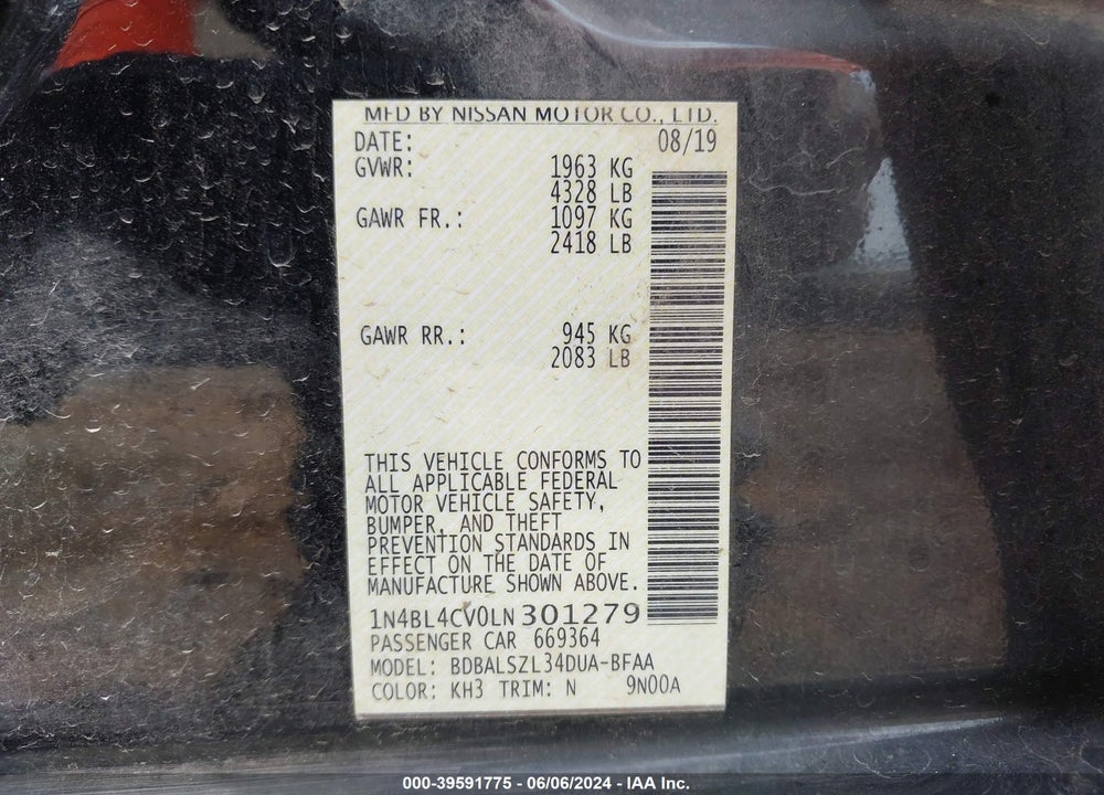 2020 NISSAN ALTIMA SR FWD VIN: 1N4BL4CV0LN301279