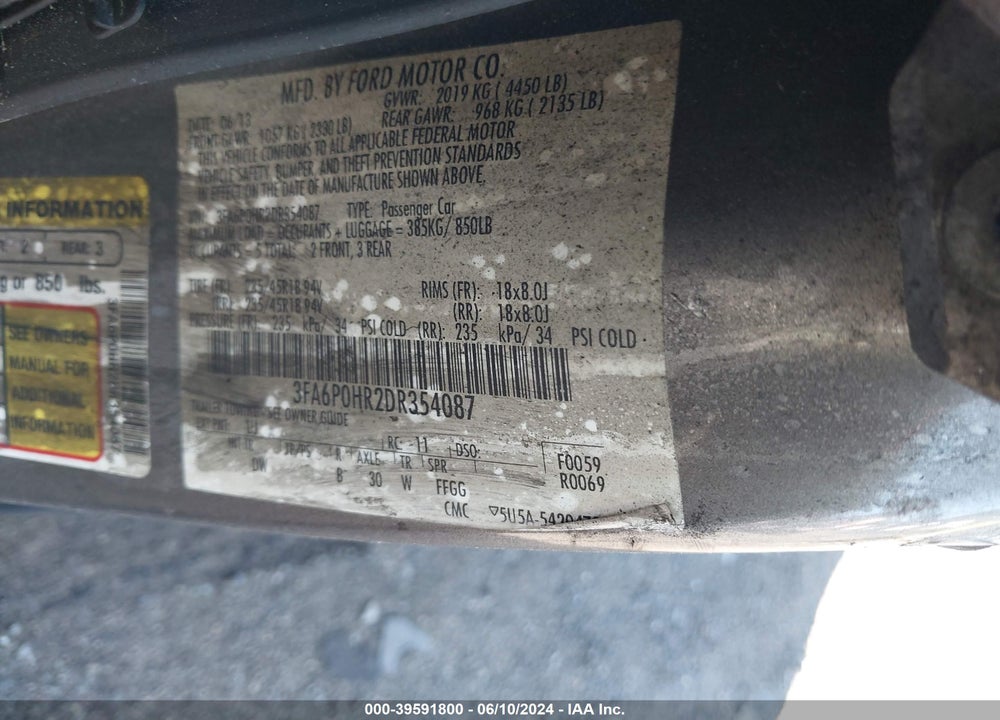 2013 FORD FUSION SE VIN: 3FA6P0HR2DR354087