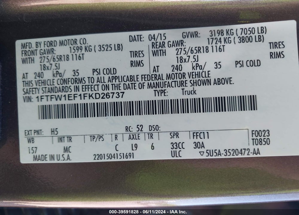 2015 FORD F-150 XLT VIN: 1FTFW1EF1FKD26737