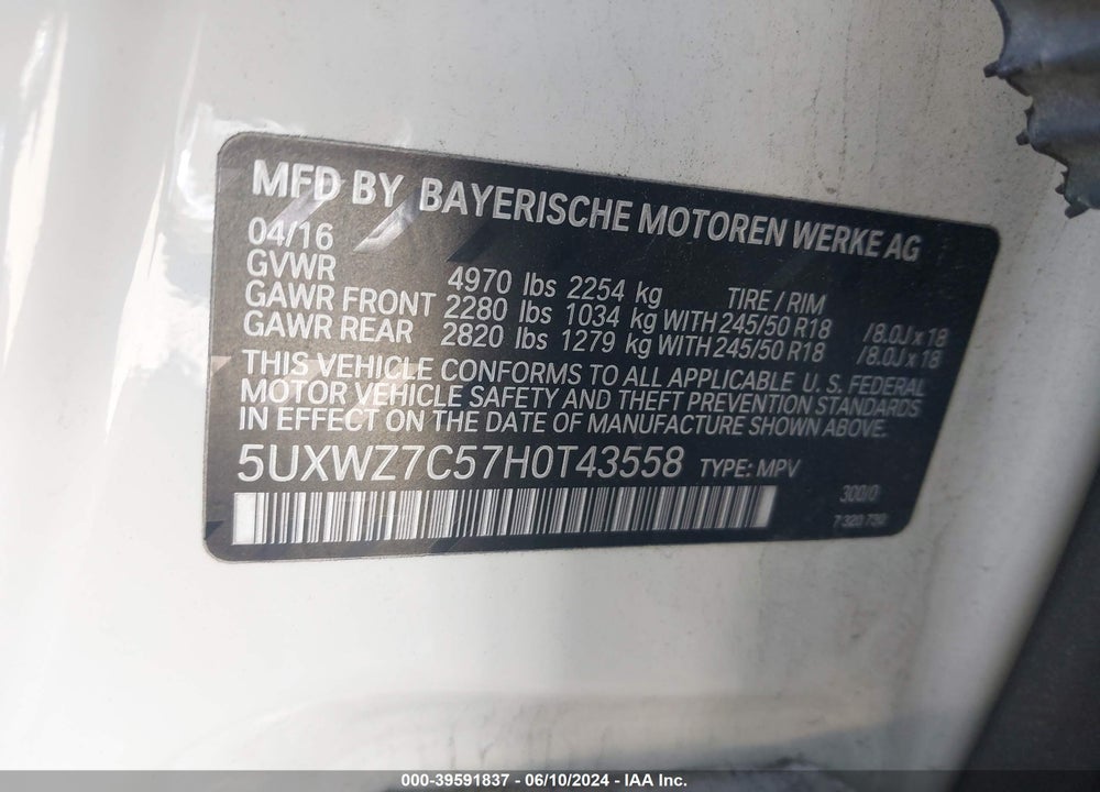 2017 BMW X3 SDRIVE28I VIN: 5UXWZ7C57H0T43558