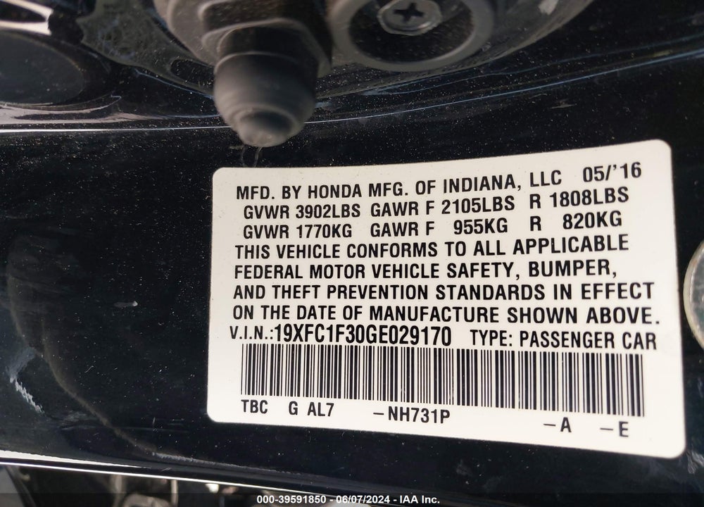 2016 HONDA CIVIC EX-T VIN: 19XFC1F30GE029170
