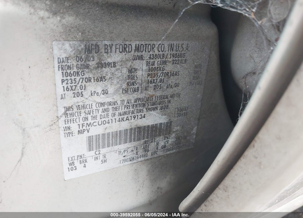 2004 FORD ESCAPE LIMITED VIN: 1FMCU04114KA19134