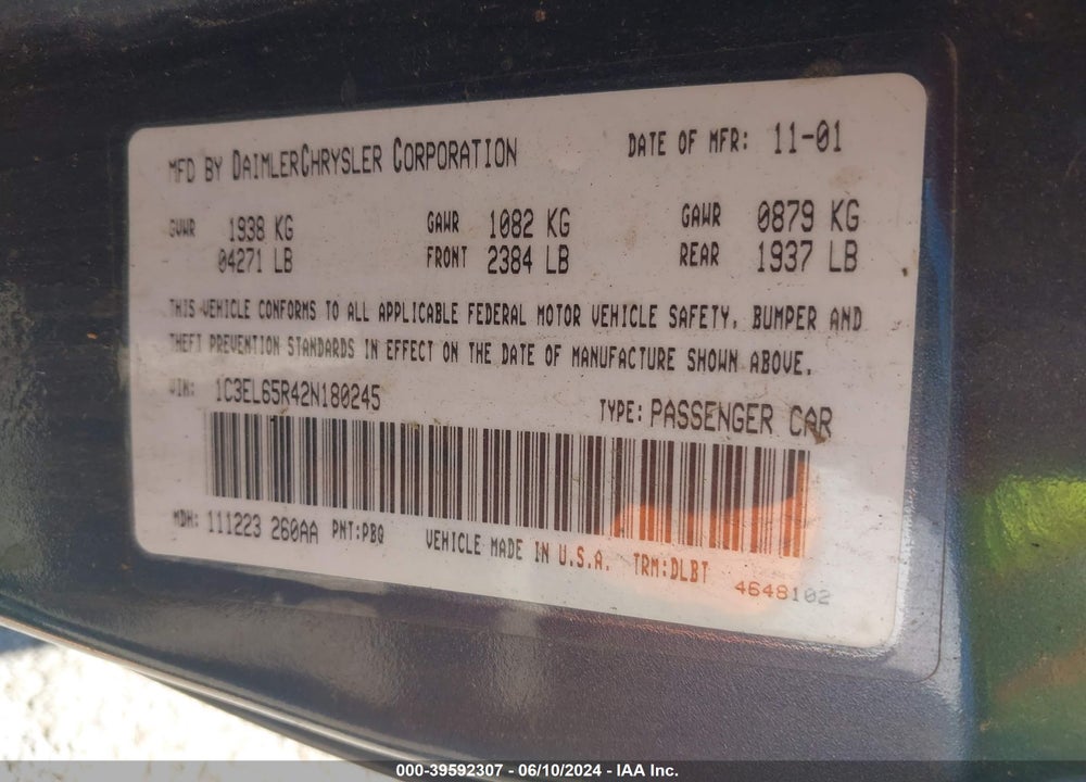 2002 CHRYSLER SEBRING LIMITED VIN: 1C3EL65R42N180245