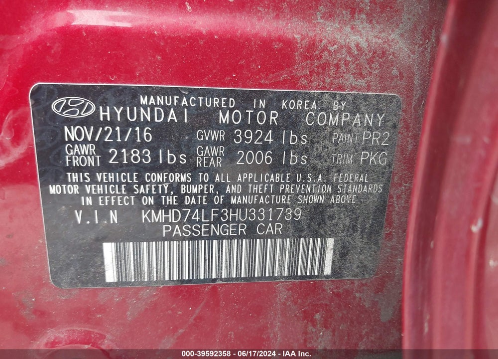 2017 HYUNDAI ELANTRA SE VIN: KMHD74LF3HU331739
