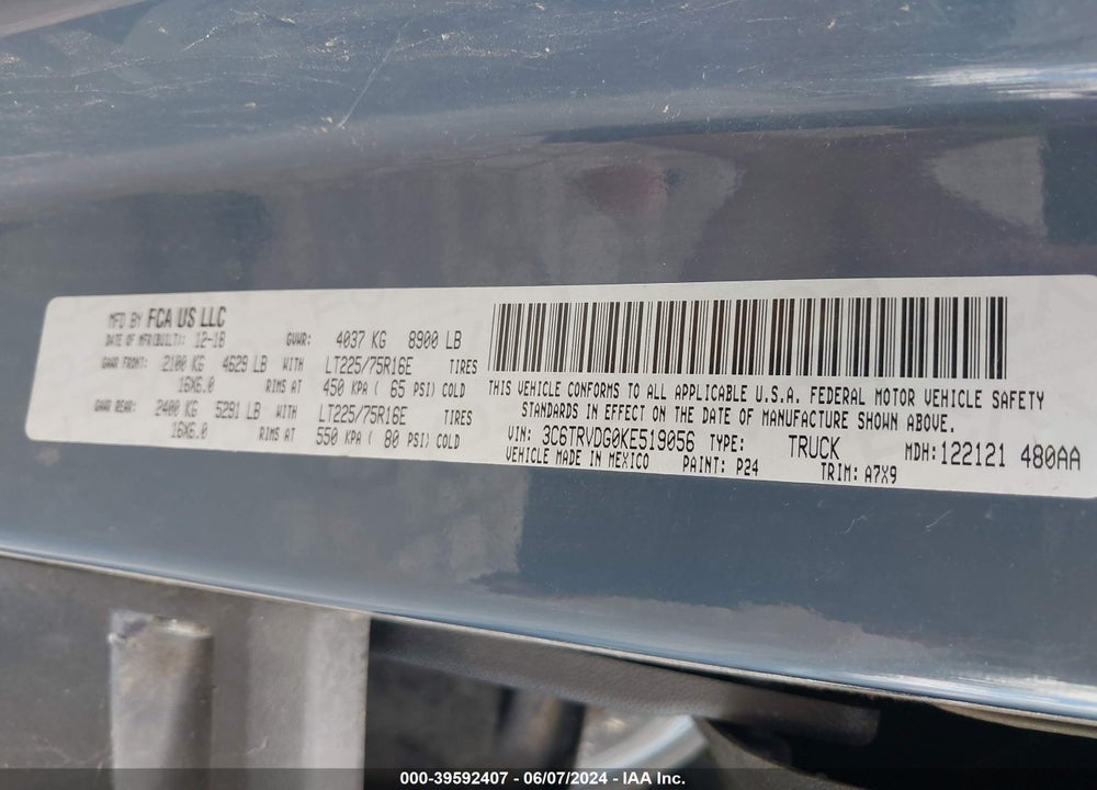 2019 RAM PROMASTER 2500 HIGH ROOF 159 WB VIN: 3C6TRVDG0KE519056