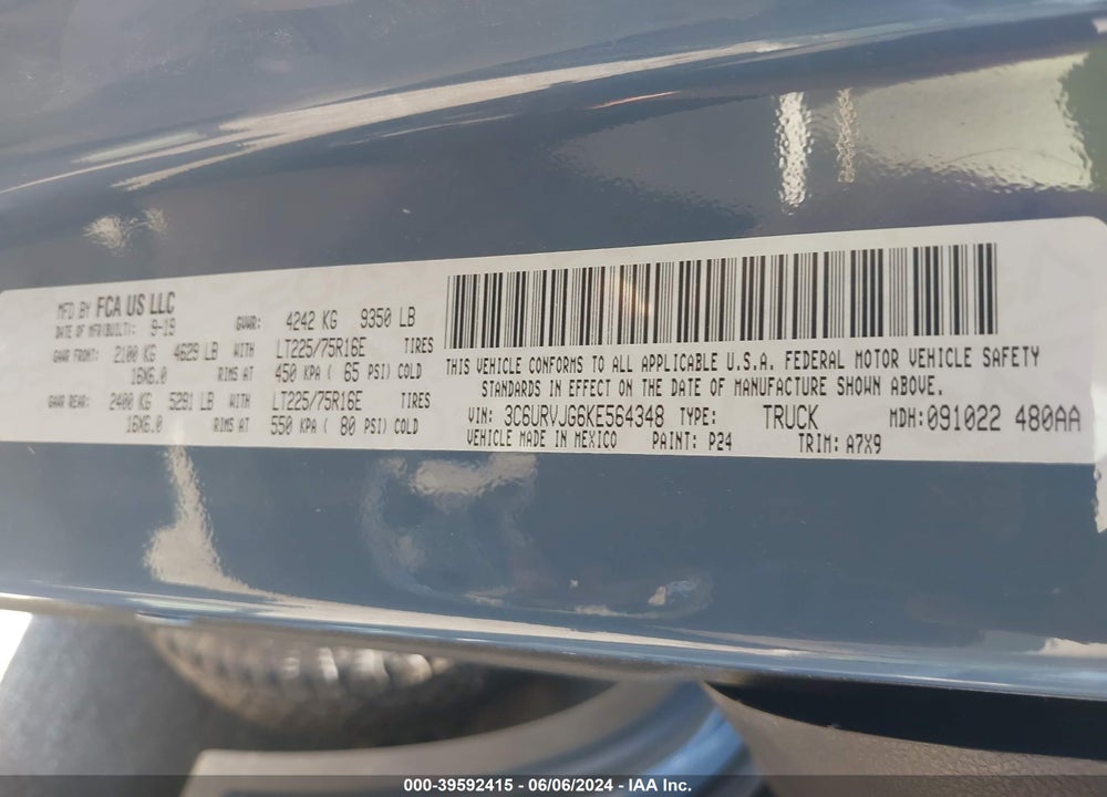 2019 RAM PROMASTER 3500 CARGO VAN HIGH ROOF 159 WB EXT VIN: 3C6URVJG6KE564348
