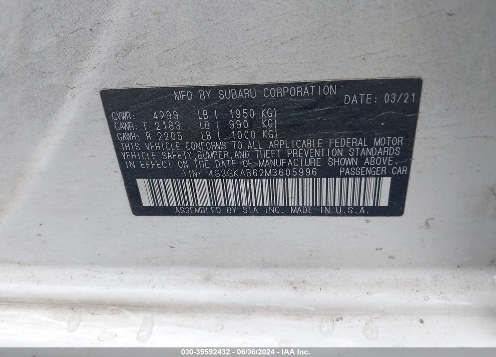 2021 SUBARU IMPREZA SEDAN VIN: 4S3GKAB62M3605996