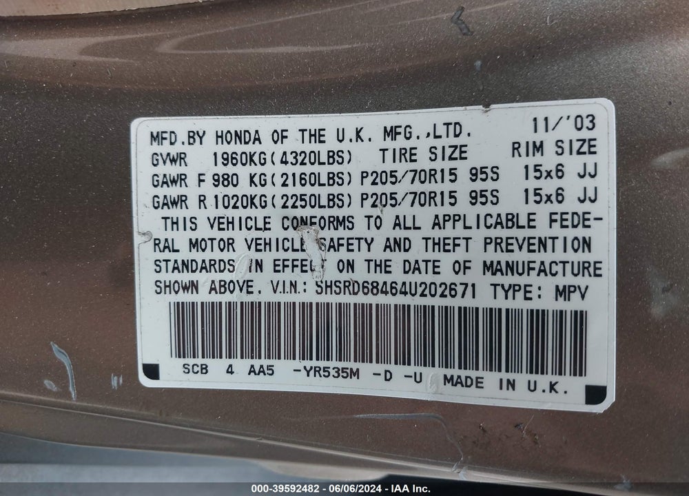 2004 HONDA CR-V LX VIN: SHSRD68464U202671