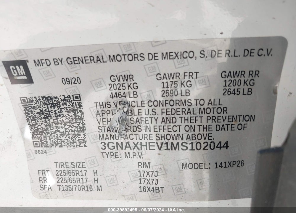 2021 CHEVROLET EQUINOX FWD LS VIN: 3GNAXHEV1MS102044