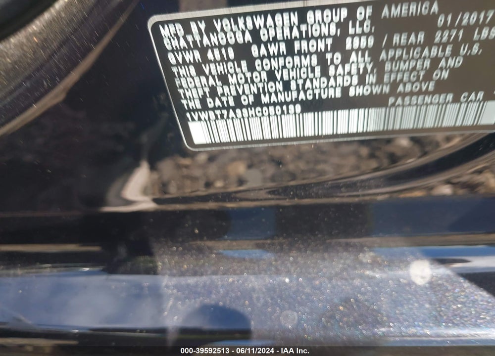 2017 VOLKSWAGEN PASSAT 1.8T SE VIN: 1VWBT7A33HC050139