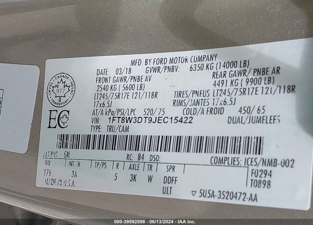 2018 FORD F-350 XLT VIN: 1FT8W3DT9JEC15422