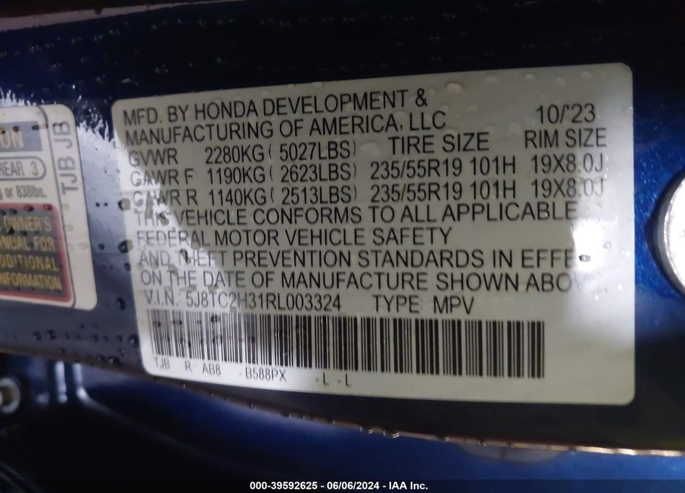 2024 ACURA RDX STANDARD VIN: 5J8TC2H31RL003324