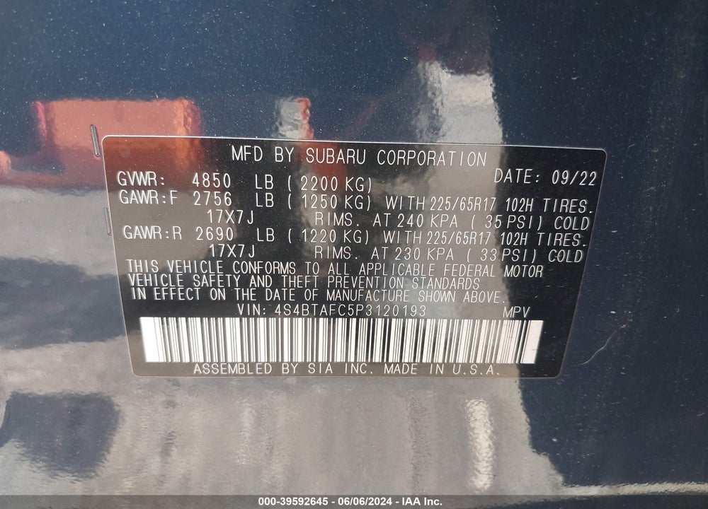 2023 SUBARU OUTBACK PREMIUM VIN: 4S4BTAFC5P3120193
