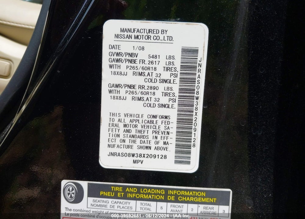 2008 INFINITI FX35 VIN: JNRAS08W38X209128