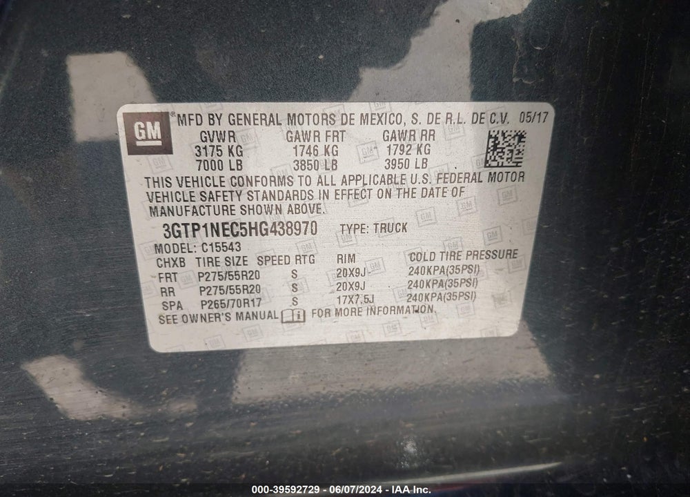 2017 GMC SIERRA 1500 SLT VIN: 3GTP1NEC5HG438970