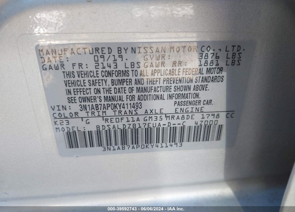 2019 NISSAN SENTRA SV VIN: 3N1AB7AP0KY411493