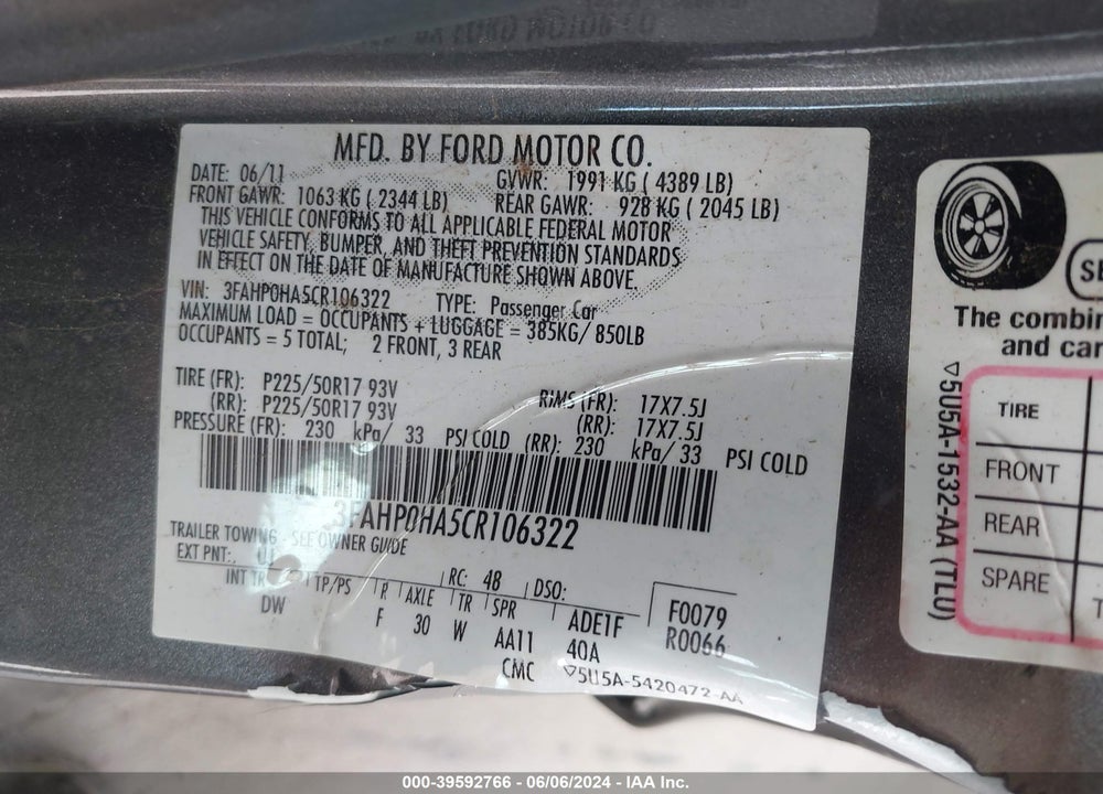 2012 FORD FUSION SE VIN: 3FAHP0HA5CR106322