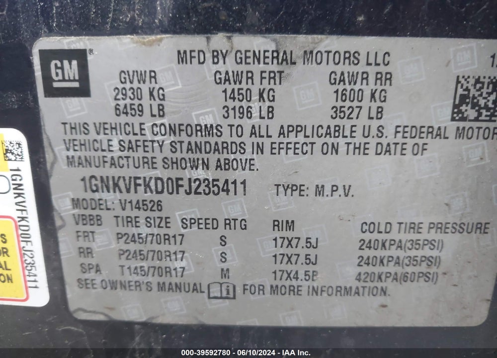 2015 CHEVROLET TRAVERSE LS VIN: 1GNKVFKD0FJ235411