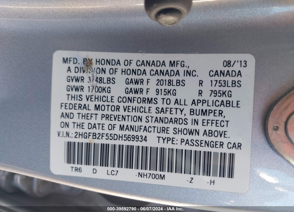 2013 HONDA CIVIC LX VIN: 2HGFB2F55DH569934