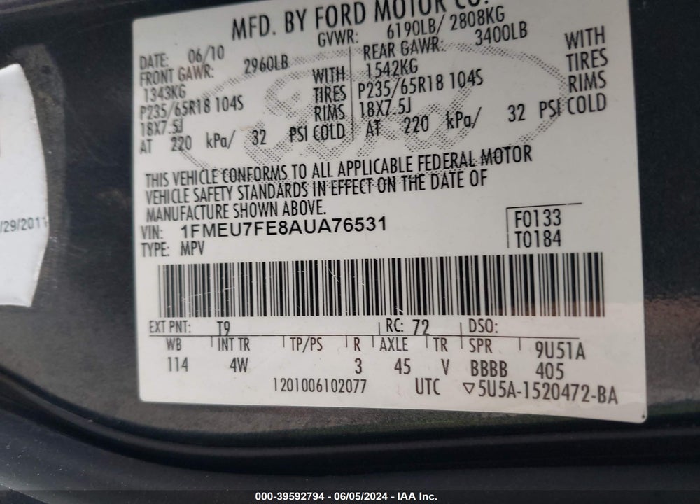 2010 FORD EXPLORER LIMITED VIN: 1FMEU7FE8AUA76531