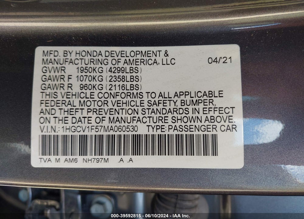 2021 HONDA ACCORD EX-L VIN: 1HGCV1F57MA060530
