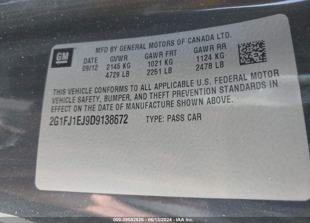 2013 CHEVROLET CAMARO 1SS VIN: 2G1FJ1EJ9D9138672