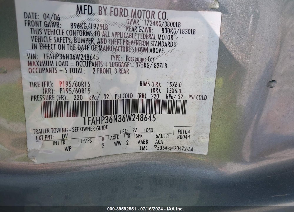 2006 FORD FOCUS ZXW VIN: 1FAHP36N36W248645