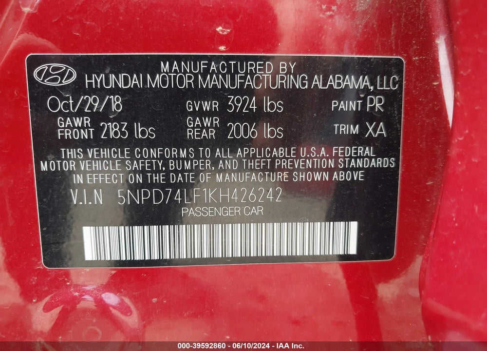 2019 HYUNDAI ELANTRA SE VIN: 5NPD74LF1KH426242