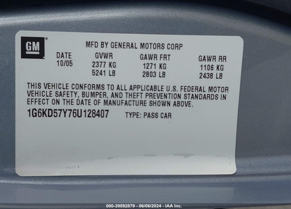2006 CADILLAC DTS STANDARD VIN: 1G6KD57Y76U128407