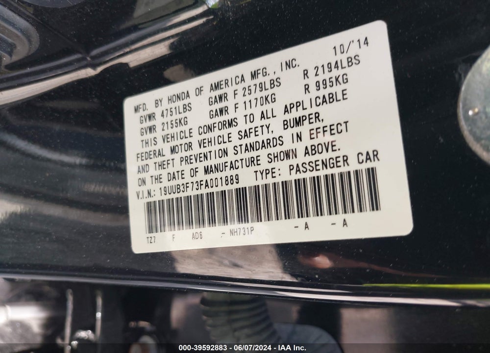 2015 ACURA TLX V6 ADVANCE VIN: 19UUB3F73FA001889