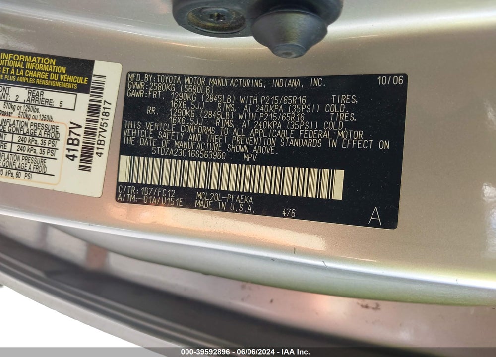 2006 TOYOTA SIENNA LE VIN: 5TDZA23C16S563960
