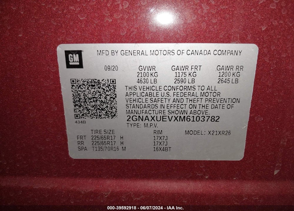 2021 CHEVROLET EQUINOX AWD LT VIN: 2GNAXUEVXM6103782