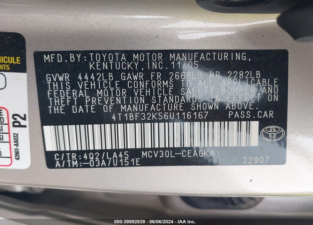 2006 TOYOTA CAMRY VIN: 4T1BF32K56U116167