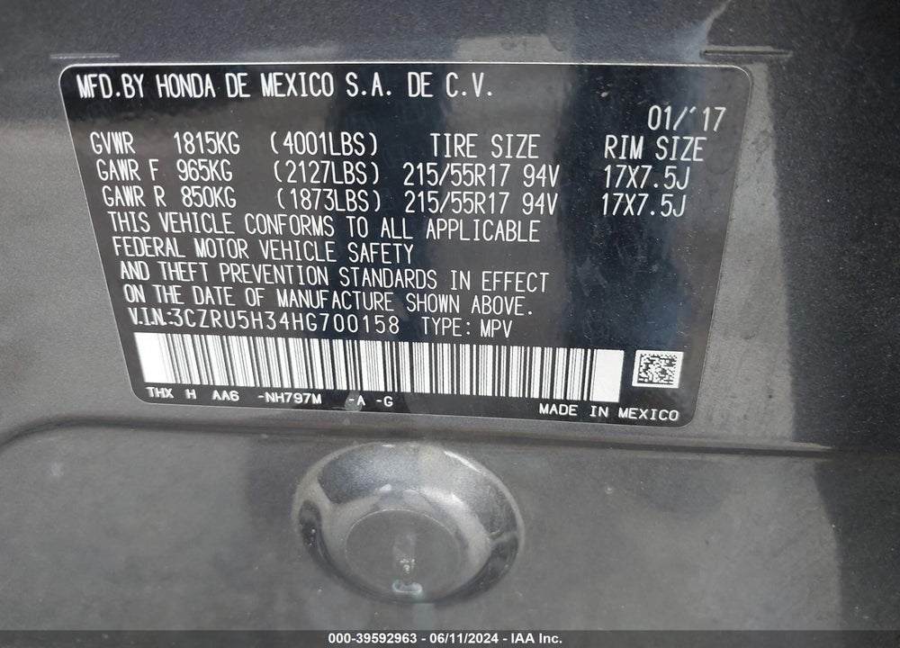 2017 HONDA HR-V LX VIN: 3CZRU5H34HG700158