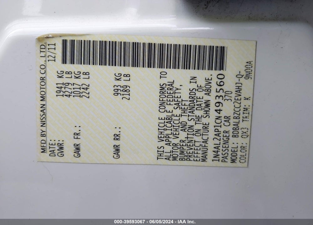2012 NISSAN ALTIMA 2.5 S VIN: 1N4AL2AP1CN493560