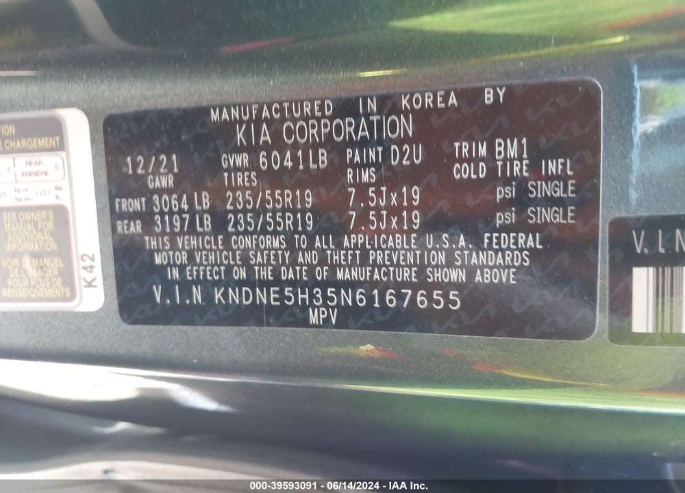 2022 KIA CARNIVAL MPV SX PRESTIGE VIN: KNDNE5H35N6167655