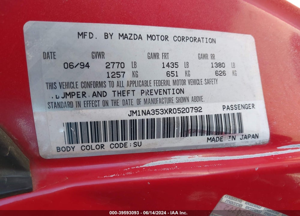 1994 MAZDA MX-5 MIATA VIN: JM1NA353XR0520792
