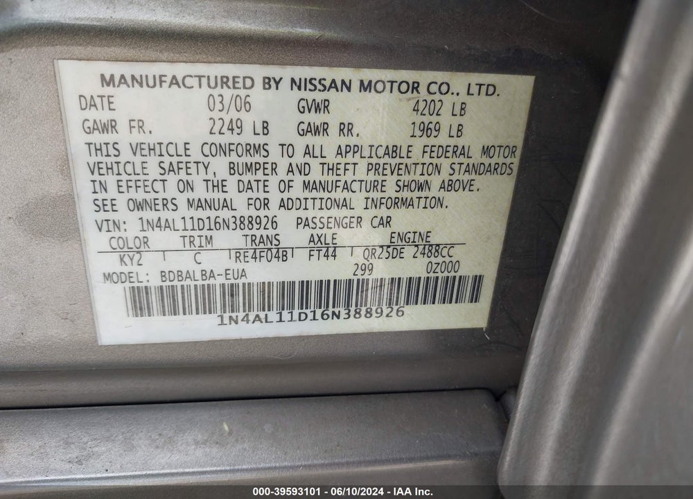 2006 NISSAN ALTIMA 2.5 S VIN: 1N4AL11D16N388926