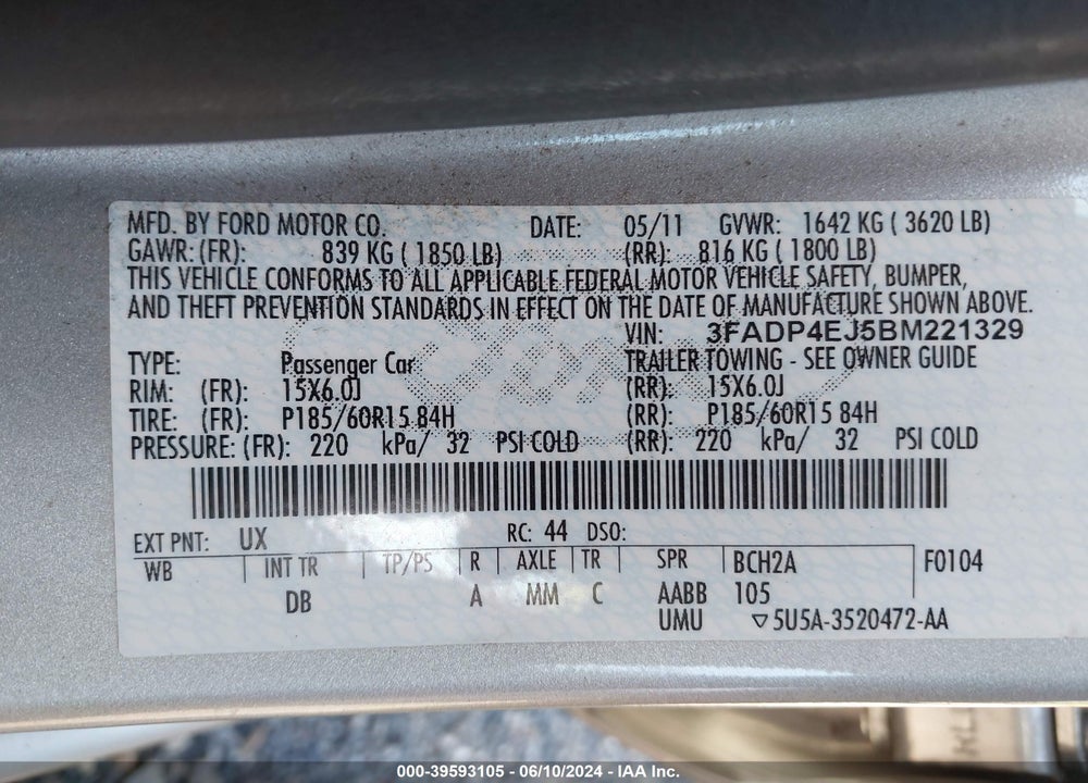 2011 FORD FIESTA SE VIN: 3FADP4EJ5BM221329