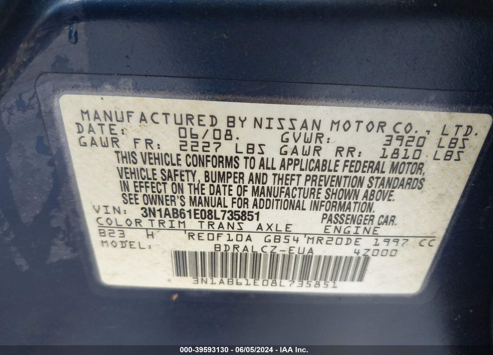 2008 NISSAN SENTRA 2.0 VIN: 3N1AB61E08L735851