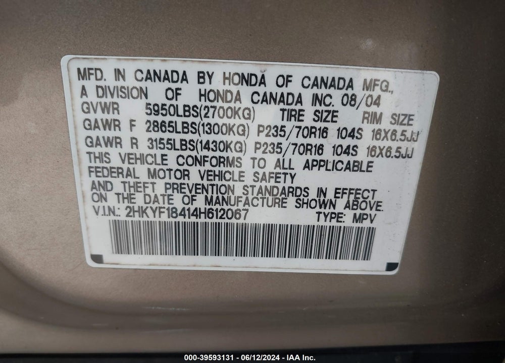 2004 HONDA PILOT EX VIN: 2HKYF18414H612067