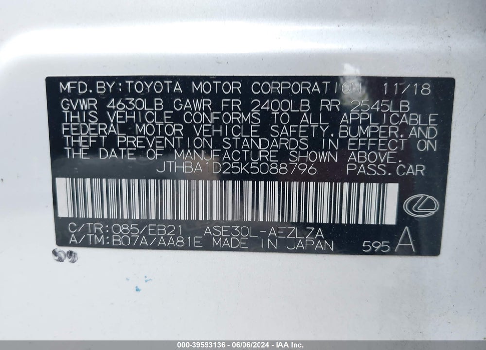 2019 LEXUS IS 300 VIN: JTHBA1D25K5088796
